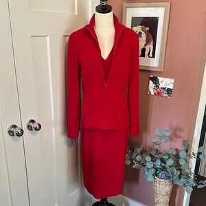 BURNS Red Women's sheath deep vneck cap sleeve dress collar zip jacket suit